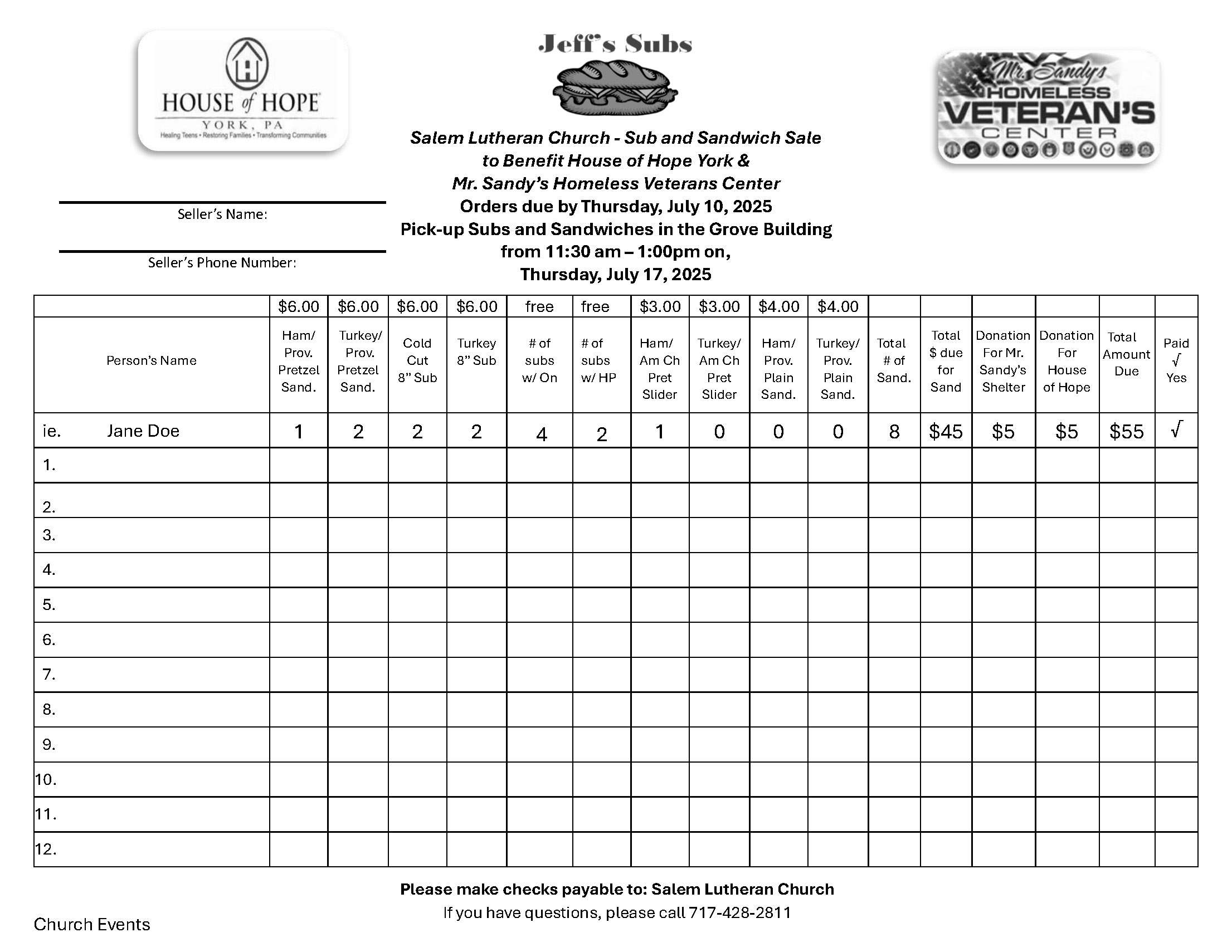 Sub and Sandwich Sale Form for Jeff's Subs (B & W) (1) Sub and Sandwich Sale Form for Jeff's Subs (B & W) (1)